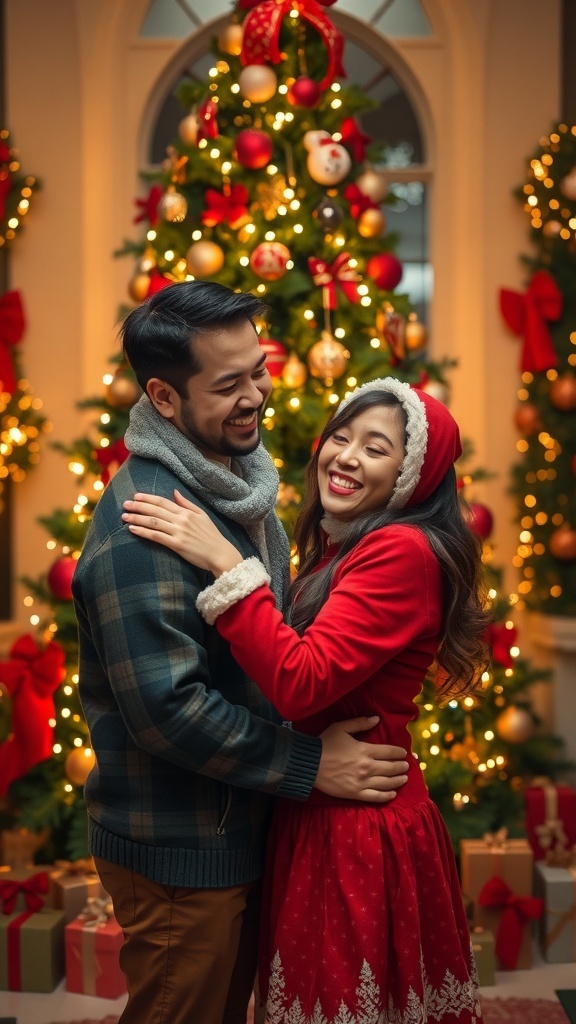 A couple celebrating Christmas with a decorated tree and festive attire, radiating joy and love.